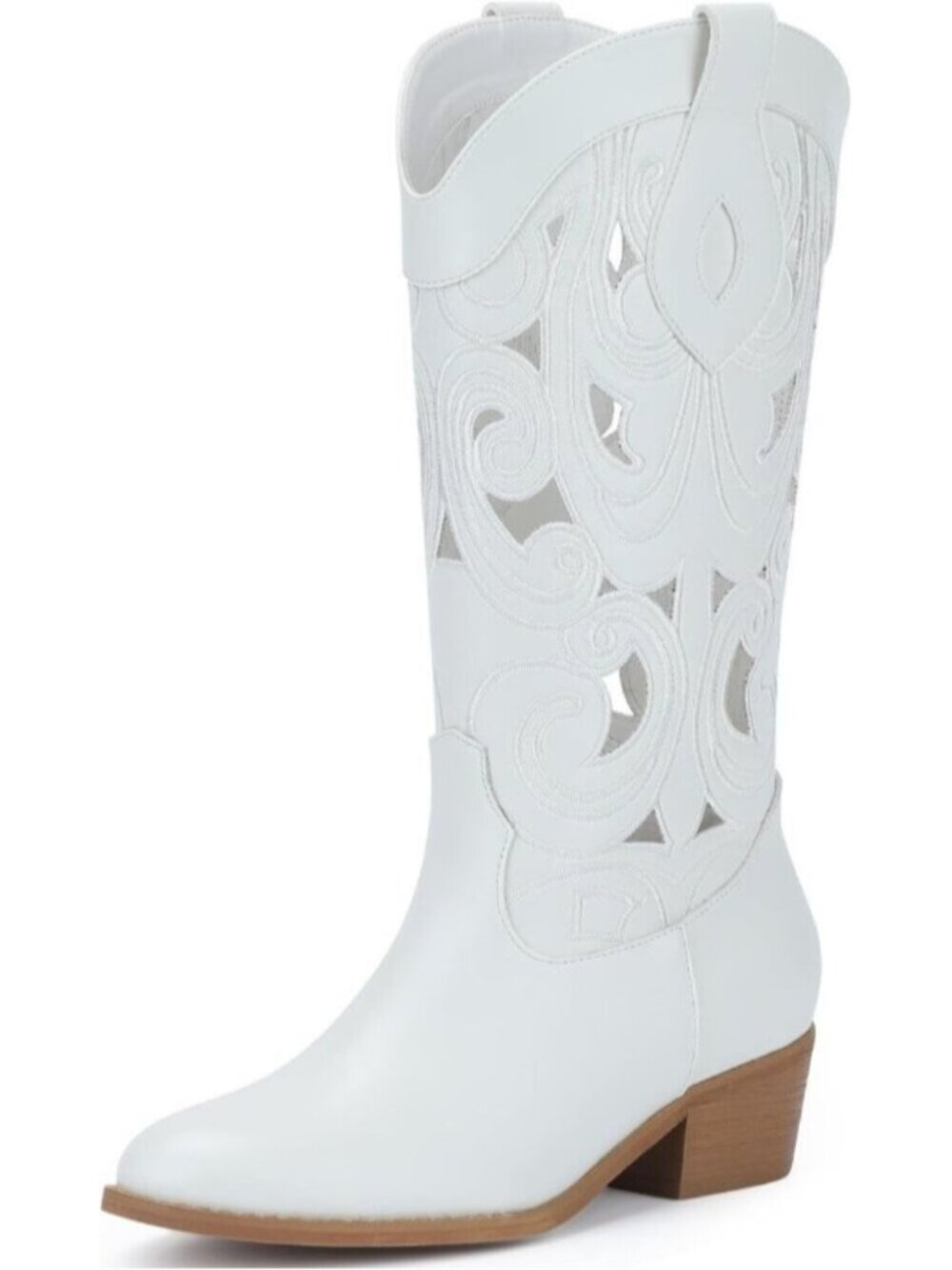 Women's White Cutouts Western Cowgirl Boot Embroidered Chunky Heel Boots